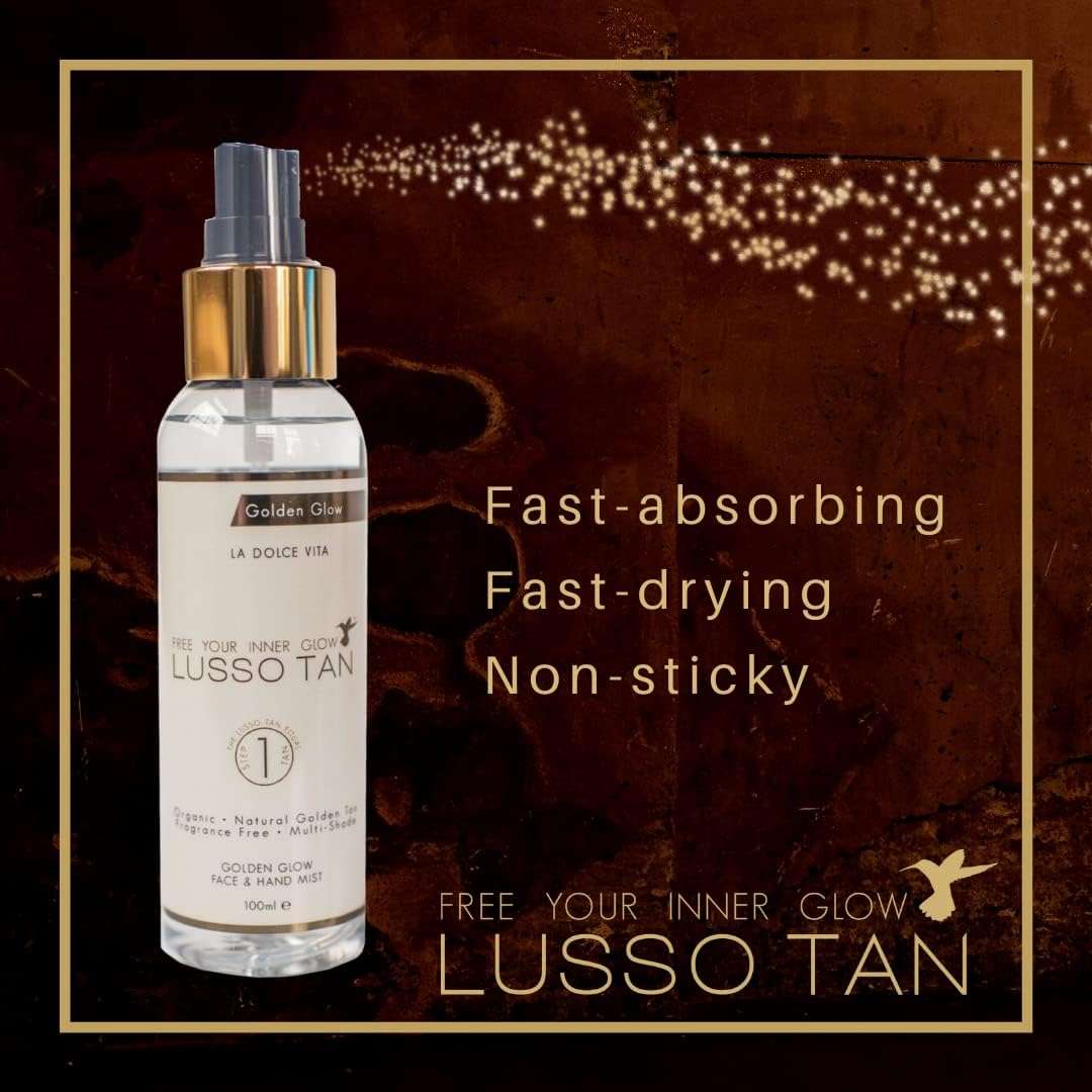 Lusso Tan Golden Glow Mist for Face & Hands – Light Gradual Tanning Spray | Organic, Vegan & Cruelty-Free | Natural Golden Tan with Vitamins