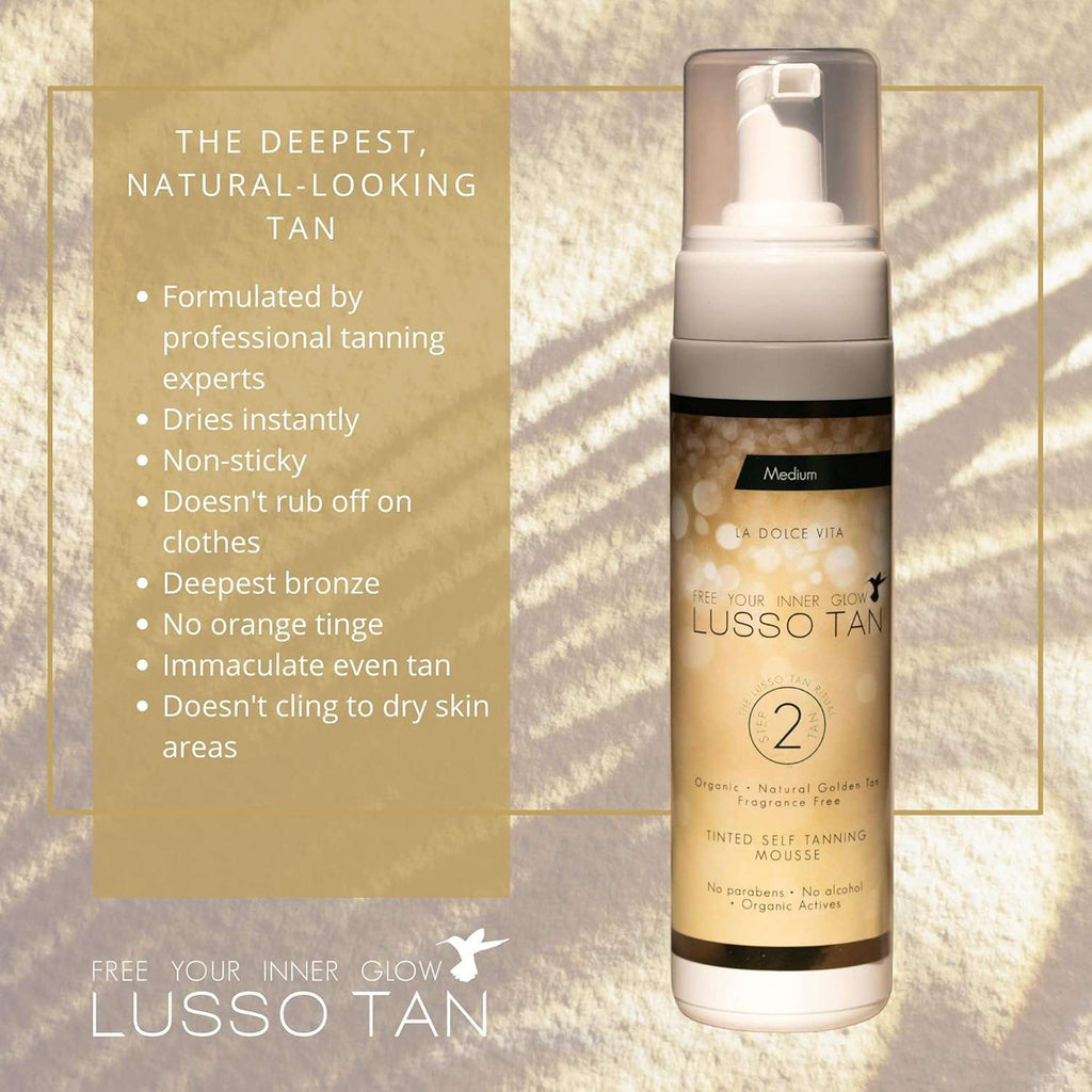 Lusso Tan Professional Medium Self Tanning Mousse – Organic, Vegan & Cruelty-Free | Natural Glow for Face & Body