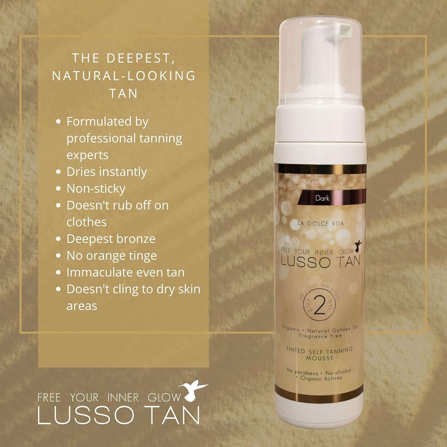 Lusso Tan Professional Dark Self Tanning Mousse – Organic, Vegan & Cruelty-Free | Deep, Natural-Looking Tan for Face & Body