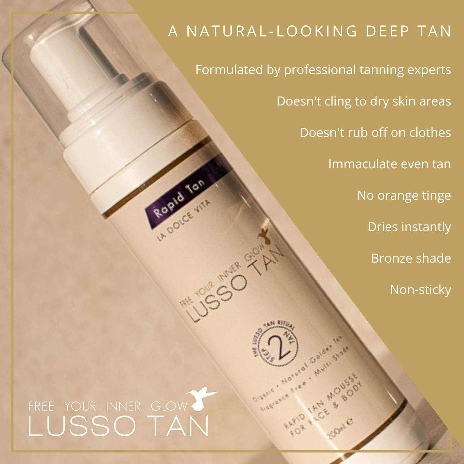 Lusso Rapid Self Tan Mousse for Face and Body – Organic, Vegan, Cruelty-Free | Instant-Drying, Streak-Free False Tan